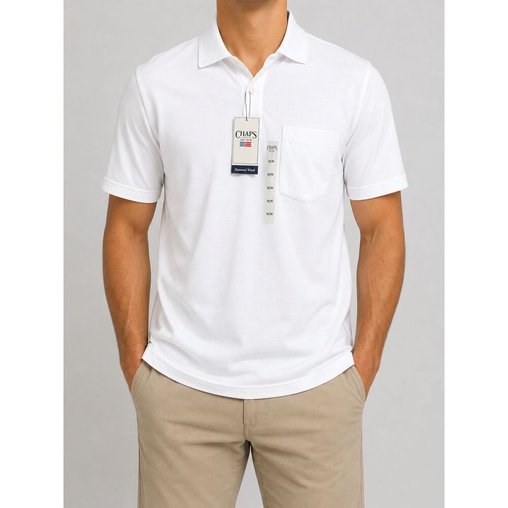 CHAPS White Polo Shirt Men's Medium M Pocket Short Sleeve Classic Casual NWT